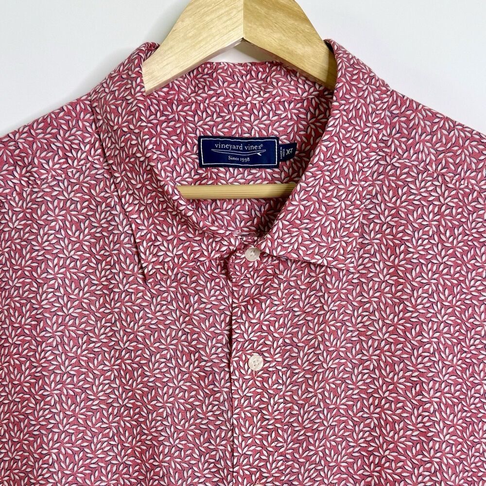 VINEYARD VINES Linen Short Sleeve Button Down Shirt Men's XLT Red w/White Petals